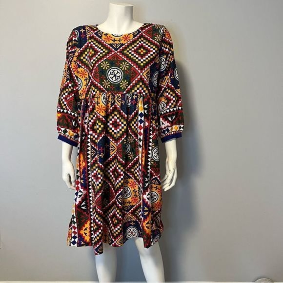 Hand Crafted Quilted Patchwork Printed Dress Bold Bright color One size - Picture 2 of 14